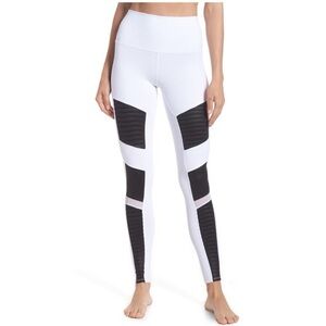 Alo Yoga High-Waist Moto Leggings in white with black mesh and ribbed panels
